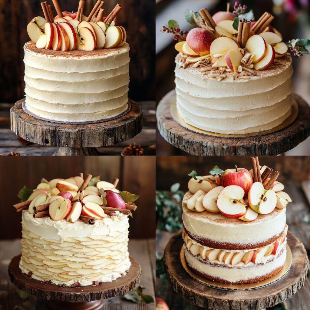 A rustic Apple Cinnamon Wedding Cake with moist apple cake layers infused with warm cinnamon, decorated with thinly sliced apples and cinnamon sticks, topped with creamy vanilla frosting.