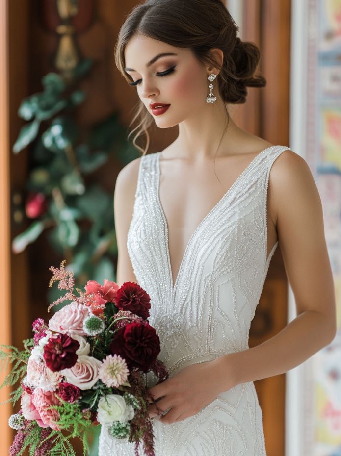 Sophisticated Art Deco wedding gown featuring geometric patterns, beaded embellishments, and a streamlined silhouette, blending vintage elegance with modern style.