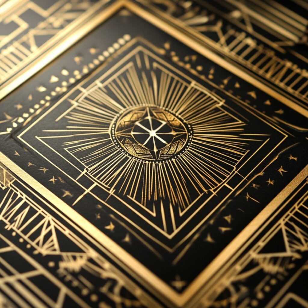 Vintage-inspired New Year's wedding invitation with Art Deco geometric patterns, metallic gold and black elements, and classic typography for a sophisticated Roaring Twenties vibe.