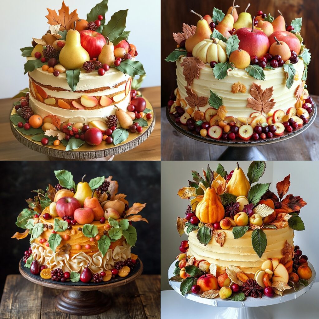 A beautifully decorated Autumn Harvest Cake featuring layers of spiced pumpkin or carrot cake, adorned with apples, pears, cranberries, and edible leaves.