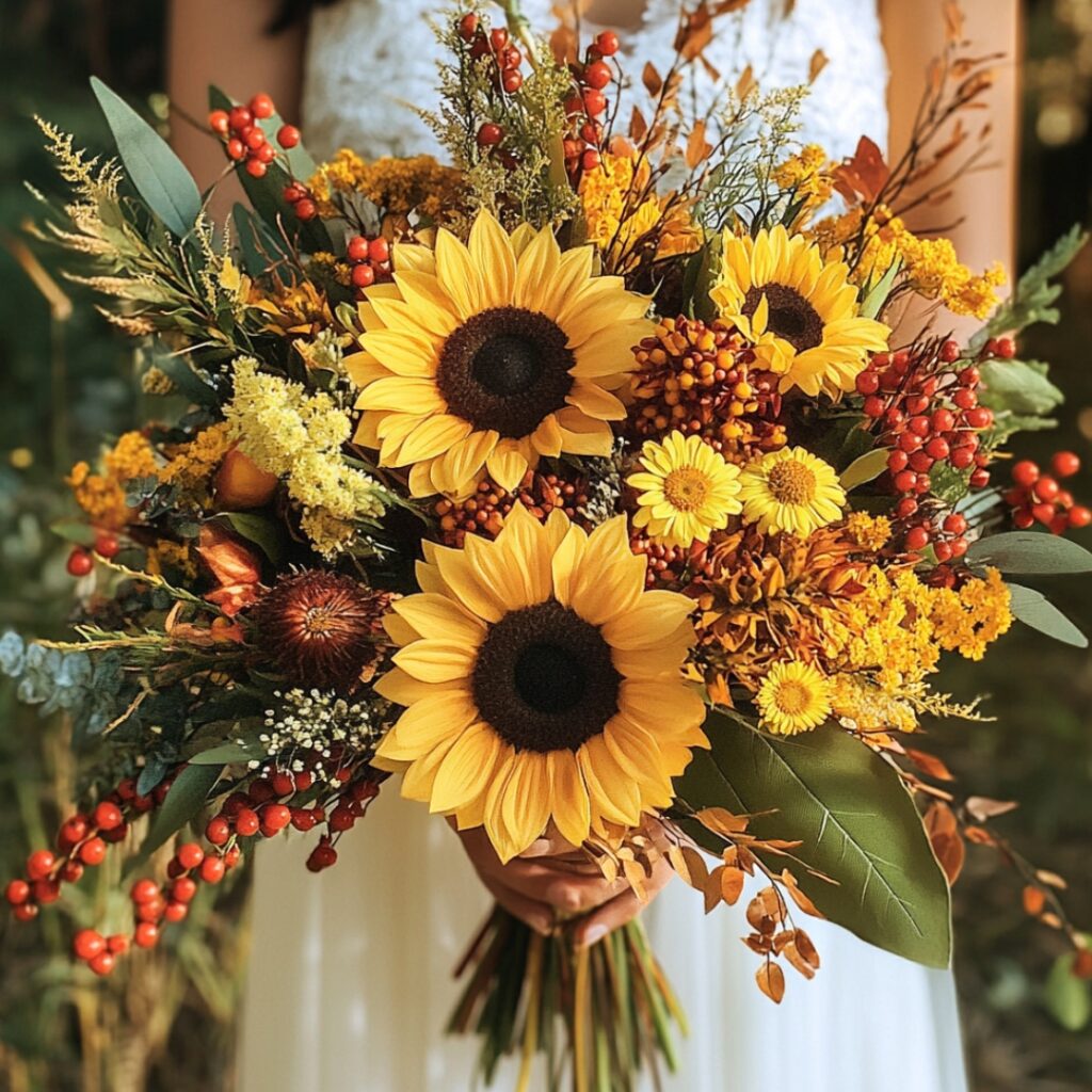 A vibrant autumn-inspired wildflower bouquet featuring sunflowers, daisies, and goldenrod, accented with greenery and berries, showcasing rustic charm.