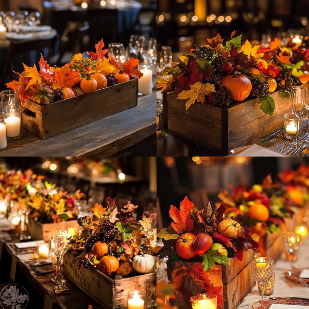 Beautiful centerpieces featuring vibrant autumn leaves in rustic wooden boxes, enhanced by warm candlelight and seasonal fruits like mini pumpkins.
