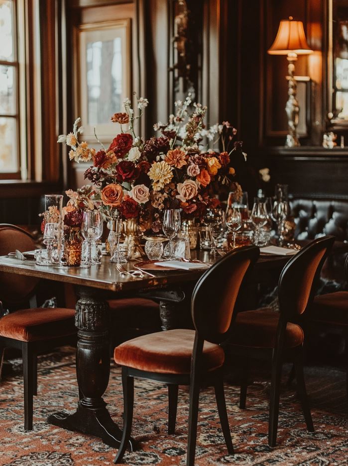 A rustic wedding table adorned with deep burgundies, burnt oranges, and soft gold accents, evoking the warmth and romance of fall through a vintage-inspired color scheme.