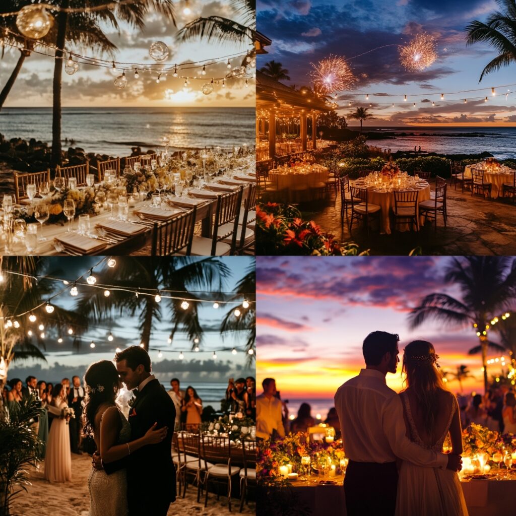 Beachfront resort wedding venue with ocean views and a tropical New Year's ambiance, featuring an indoor ballroom for a midnight celebration.