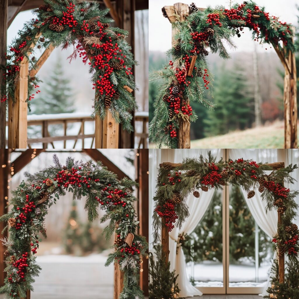 Holiday-inspired December wedding arch adorned with clusters of red winter berries, cinnamon sticks, cedar sprigs, and pine branches for a cozy, festive look.