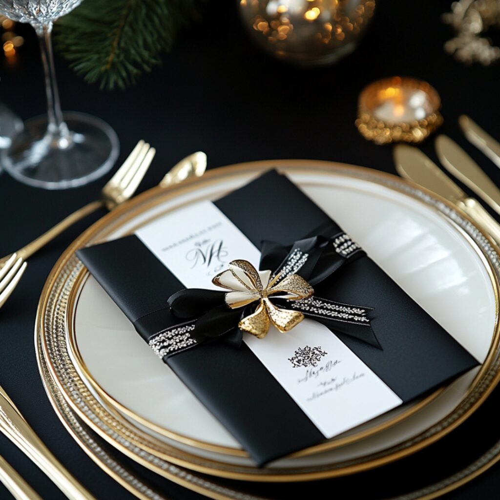 Formal New Year's wedding invitation with black, white, and gold tones, luxurious paper, and classic script font, ideal for setting an upscale, black-tie celebration tone.