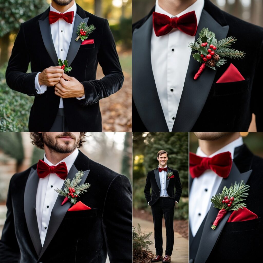 Groomsman in a classic black tuxedo with festive accessories, including a red bow tie, velvet loafers, and a boutonniere made from holly and pine.