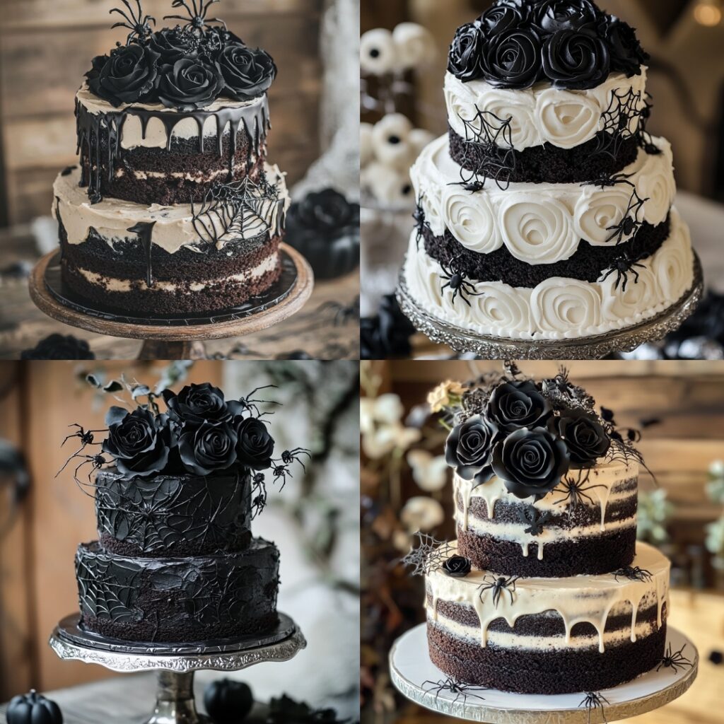 A stunning black velvet cake with rich dark cocoa layers, topped with cream cheese frosting, adorned with edible spider webs and black roses, perfect for a Halloween wedding.
