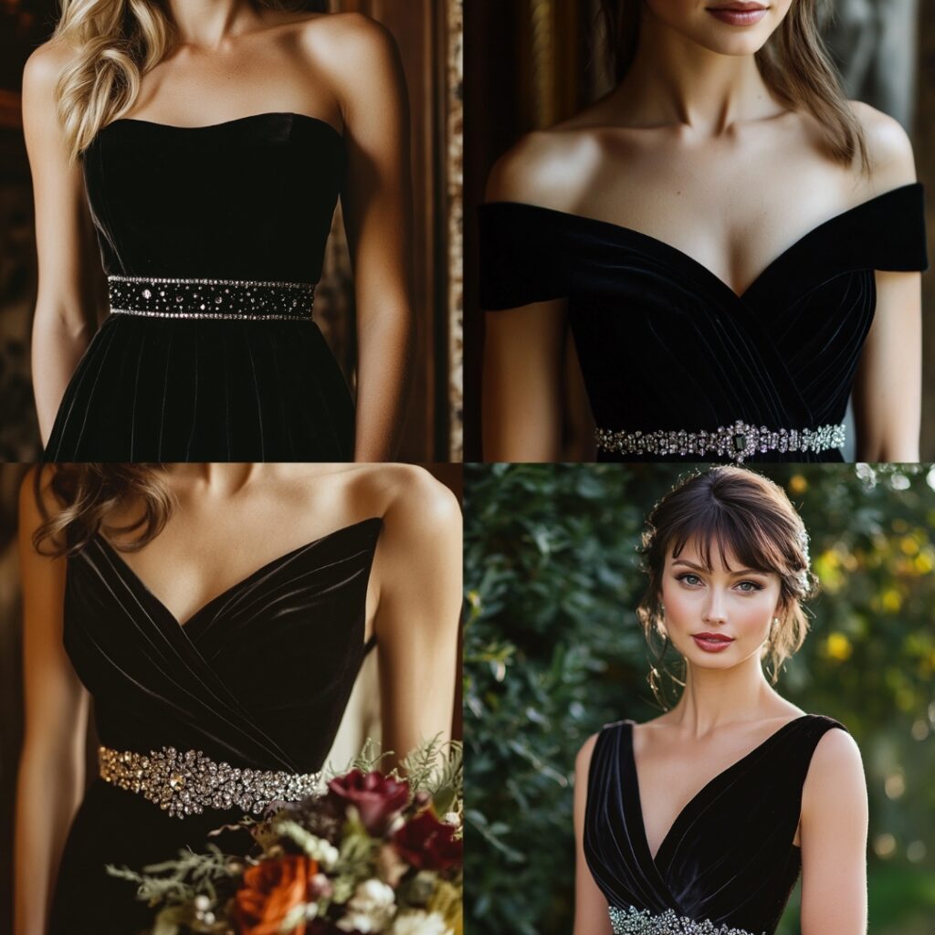 Black velvet bridesmaid gown with a sparkling embellished waistline, combining timeless elegance and festive flair for a December wedding.