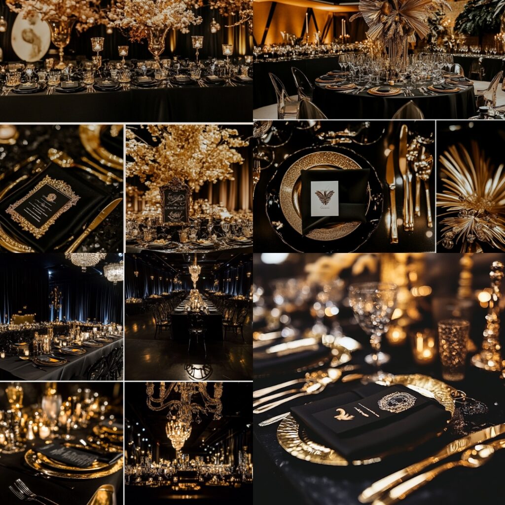 Bold and luxurious black and gold wedding details with sleek black tablecloths, gold decor elements, and opulent stationery for a glamorous December wedding.