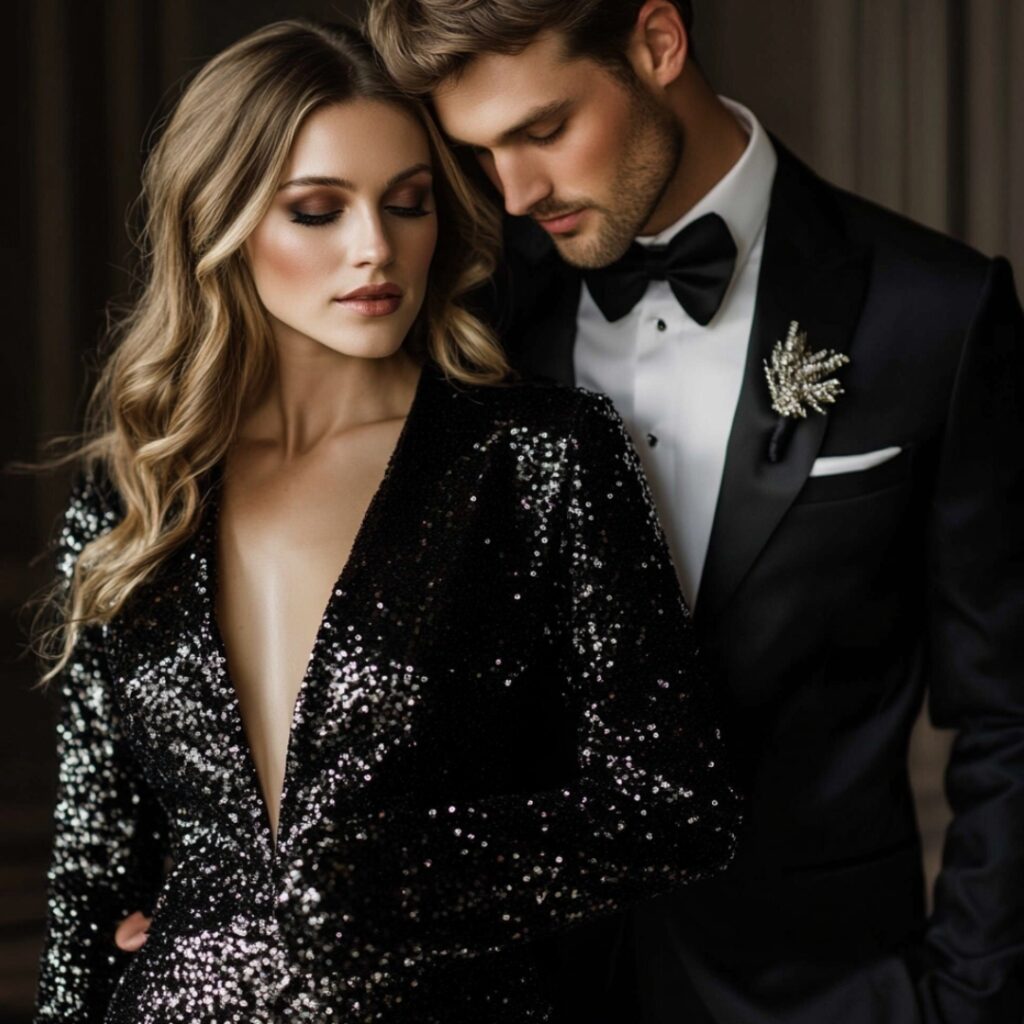 Elegant couple dressed for a black-tie Christmas wedding, with the woman in a black sequin dress and the man in a black tuxedo with gold accessories.