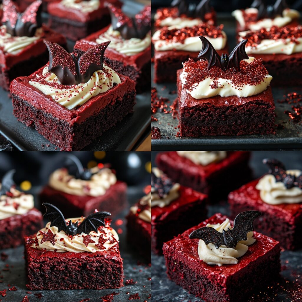 Decadent blood red velvet brownies with a fudgy texture, topped with cream cheese frosting and garnished with edible glitter and chocolate bats, making a striking Halloween treat.