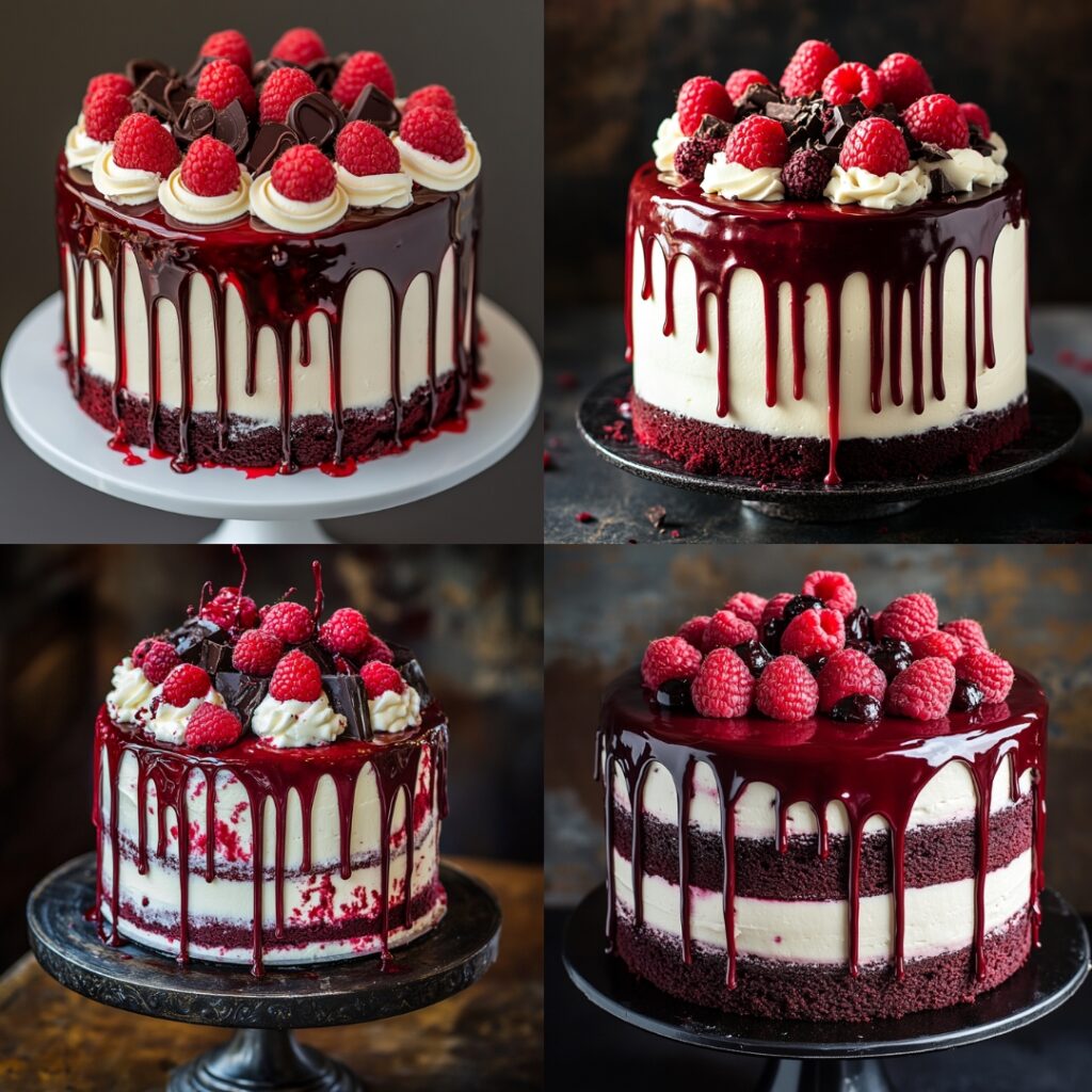 A dramatic blood red velvet cake layered with cream cheese frosting, decorated with dark chocolate ganache and dripping red icing, garnished with fresh raspberries.