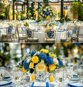 A joyful celebration featuring blue and yellow wedding decor, showcasing elegant table settings, delightful guest favors, and a cheerful atmosphere.