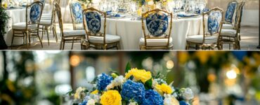 A joyful celebration featuring blue and yellow wedding decor, showcasing elegant table settings, delightful guest favors, and a cheerful atmosphere.