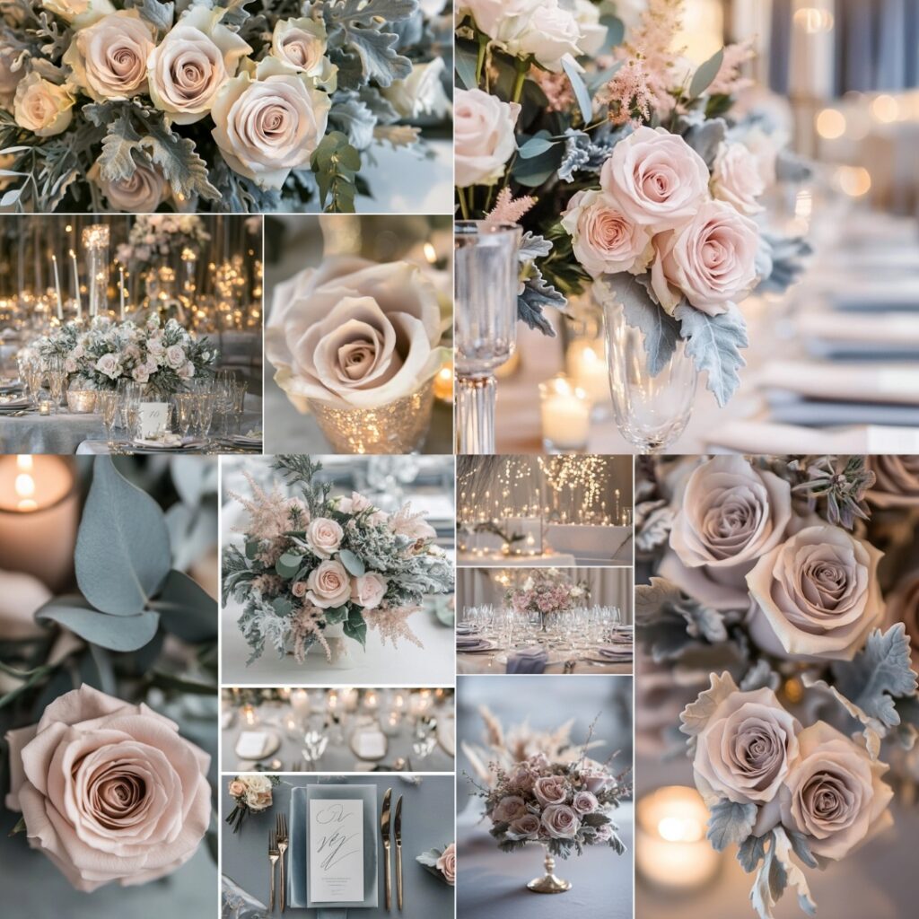 Romantic blush and grey wedding decor with soft blush roses, dusty grey foliage, and refined table settings, perfect for an intimate and timeless December celebration.