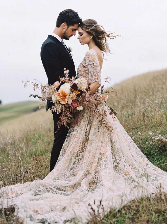 Bohemian-inspired maxi wedding dress with flowing fabrics, floral patterns, and romantic details, perfect for a relaxed, rustic, or outdoor wedding.