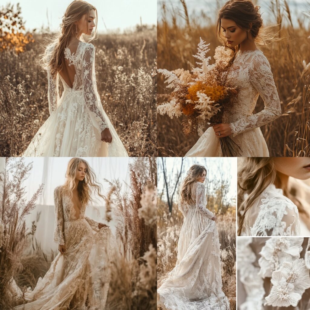 A bohemian-style wedding dress featuring intricate lace details and flowing silhouettes in earthy tones, perfect for a cozy fall wedding.