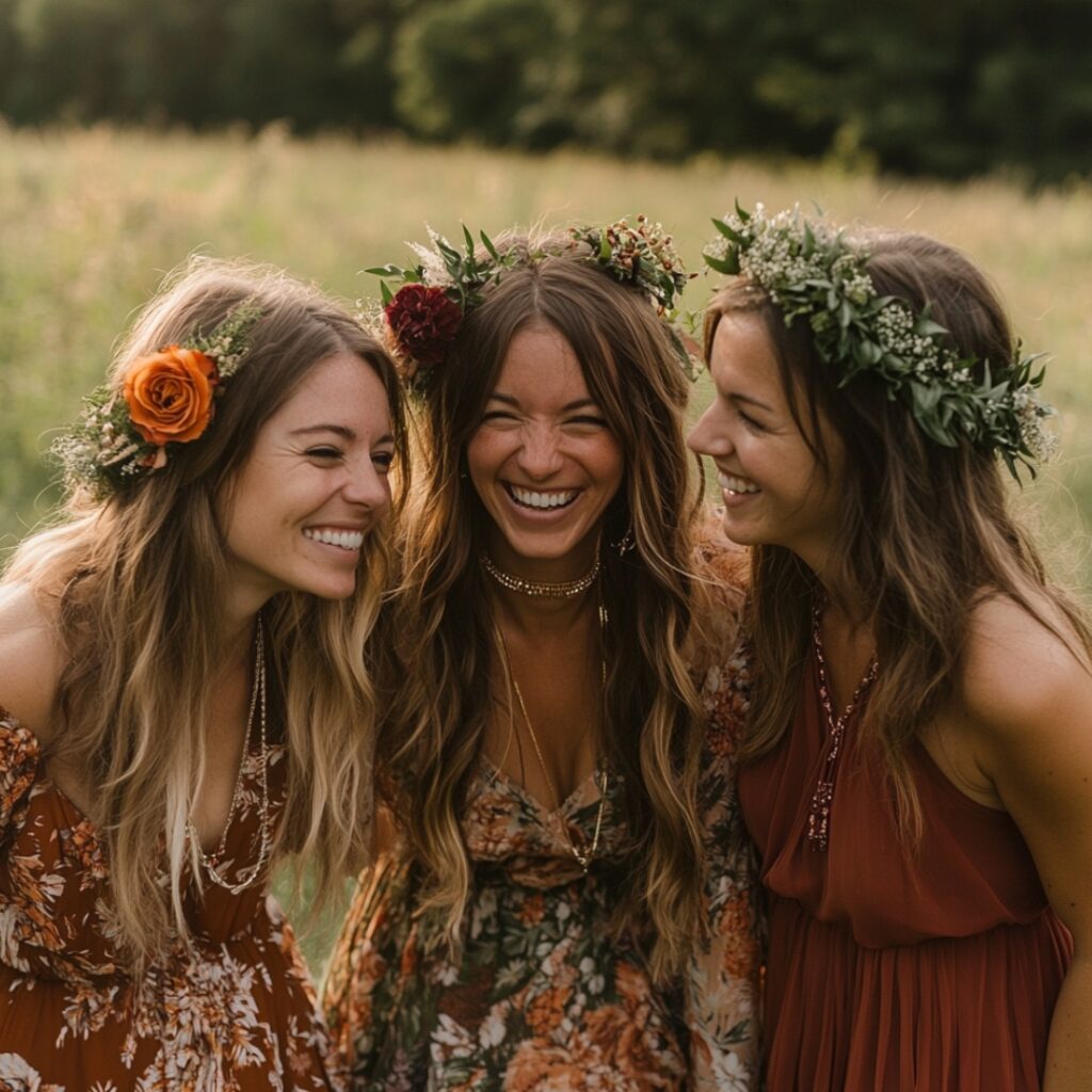 A relaxed outdoor wedding scene with bridesmaids in floral-print dresses in rust, gold, and olive green, accessorized with layered necklaces and floral crowns for a boho-chic look.