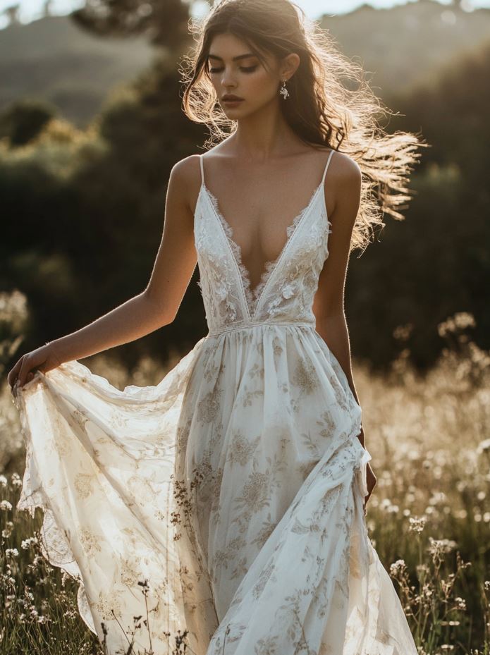 Relaxed and elegant boho vintage wedding dress with flowing fabrics, floral patterns, and romantic details, perfect for a laid-back, outdoor wedding.