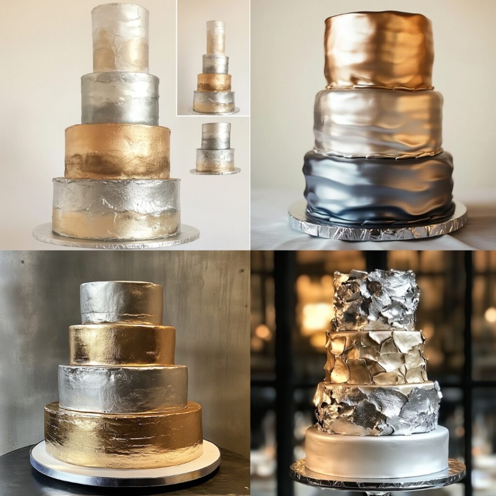 Modern metallic ombré wedding cake in silver or gold gradient with a refined iridescent finish, adding chic glamor to a New Year’s wedding.