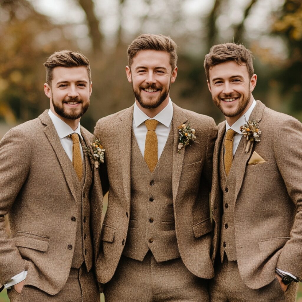 Groomsmen wearing warm brown suits with gold accessories, including ties and cufflinks, creating a rustic and festive look for a December wedding.