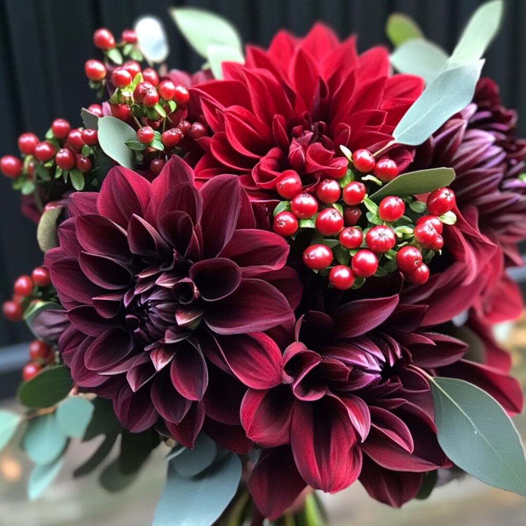 A bold and luxurious winter wedding bouquet with burgundy dahlias and vibrant red ilex berries, perfect for a December celebration.