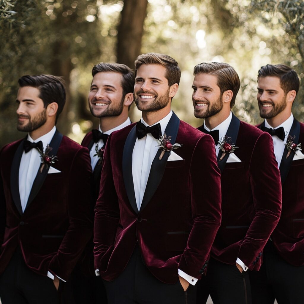 Groomsmen dressed in luxurious burgundy velvet tuxedos, paired with black trousers and satin bow ties, offering a sophisticated look for a formal December wedding.