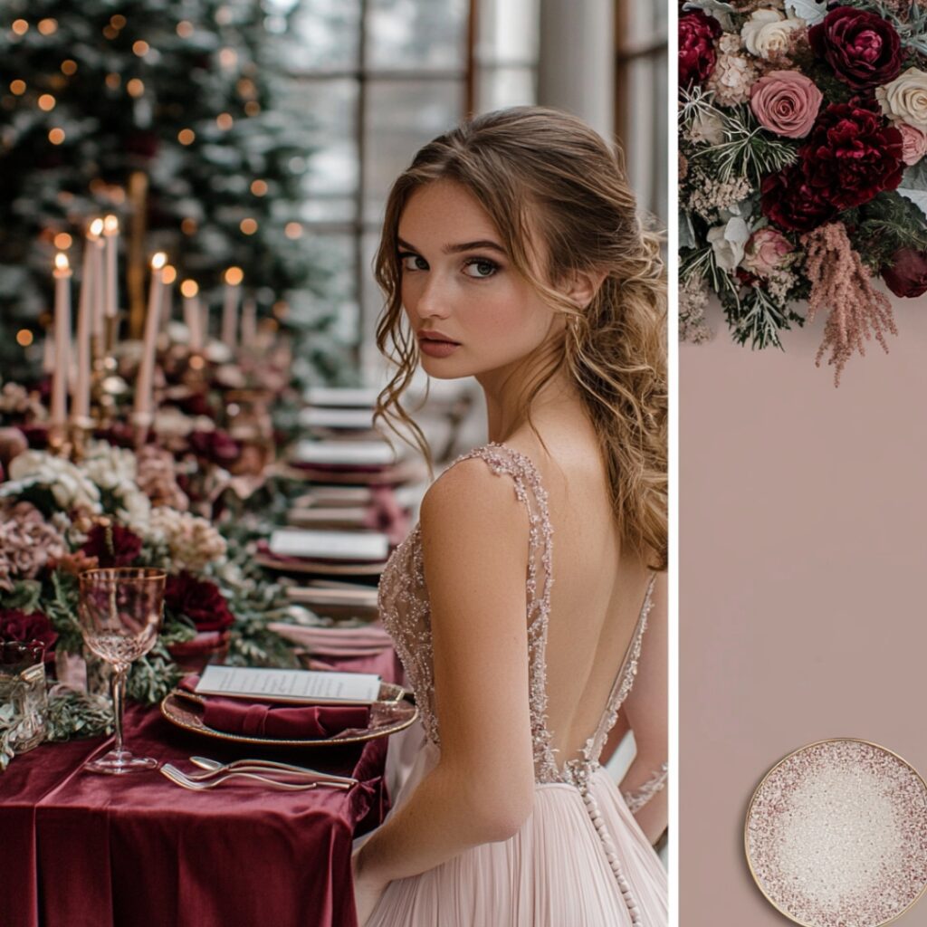 A warm and romantic burgundy and blush wedding palette, with soft blush flowers, burgundy bridesmaid dresses, and inviting table settings for a cozy December wedding.