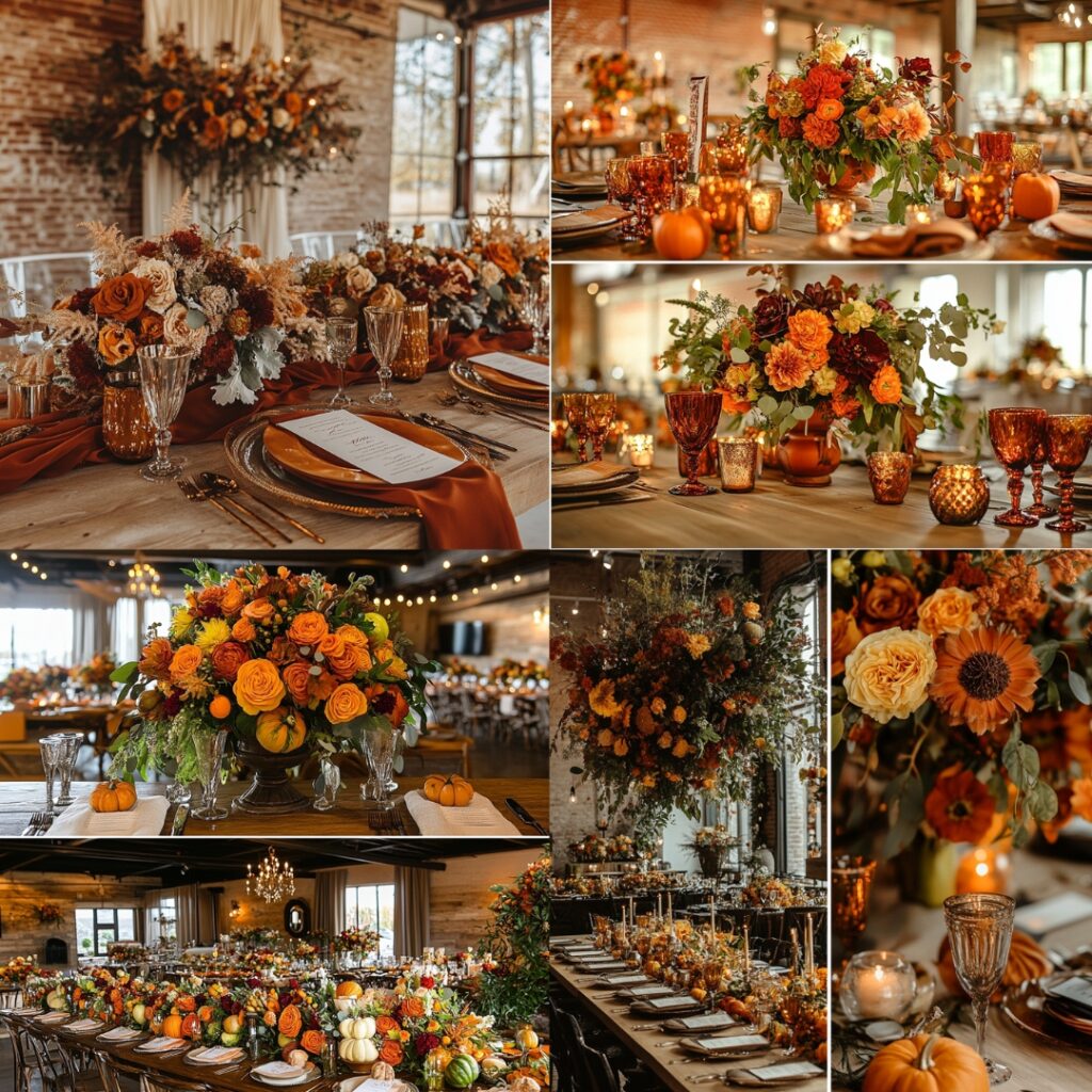 Vibrant wedding decor combining burnt orange and olive green, with rustic elements, floral arrangements, and inviting ambiance for a cozy Thanksgiving celebration.