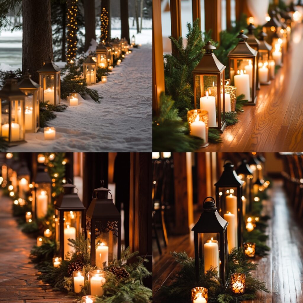 A dreamy candlelit wedding aisle lined with lanterns, various-sized candles, and pine greenery, creating a warm and romantic glow for a winter ceremony.