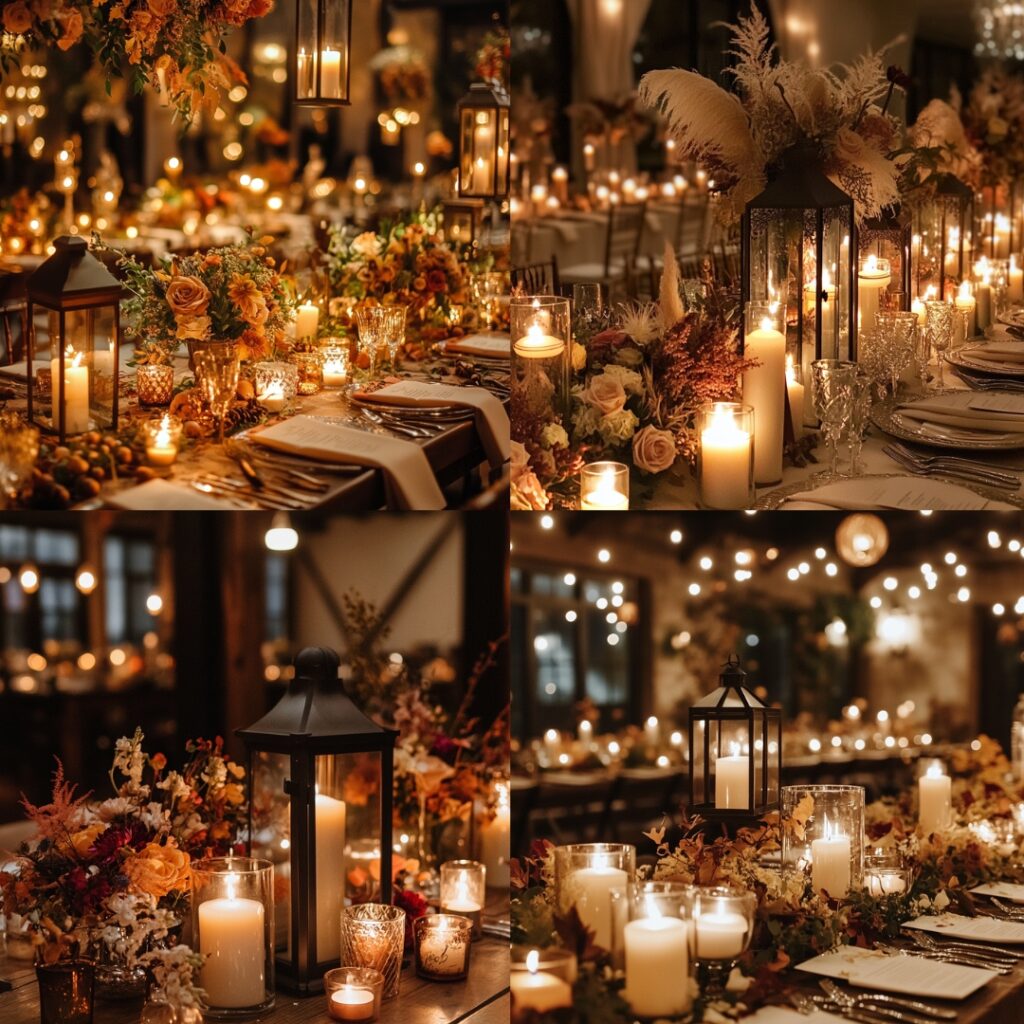 Romantic wedding ambiance created with soft candlelight from assorted candles, lanterns, and fragrant options, enhancing the fall decor with a warm glow.