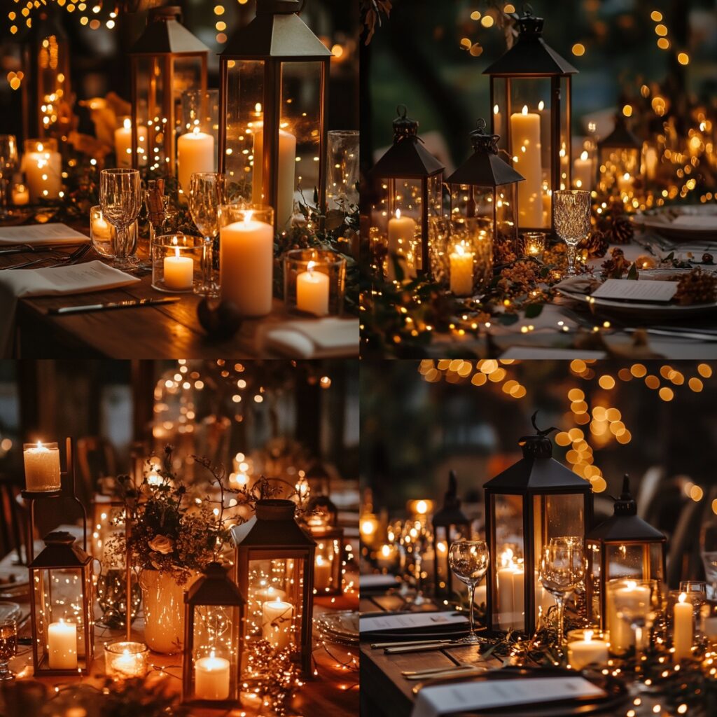 A romantic Thanksgiving wedding table setting illuminated by varying heights of candles and lanterns filled with fairy lights, creating a warm and inviting atmosphere for evening celebrations.