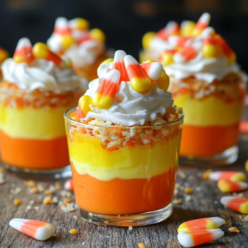 Mini candy corn cheesecake bites featuring creamy filling layered in vibrant orange and yellow, served in individual cups and garnished with whipped cream and candy corn for a festive flair.