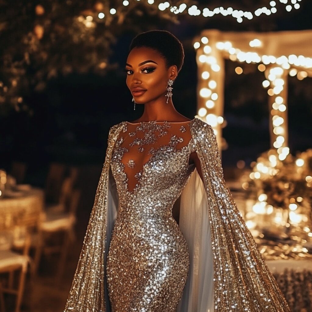 Dramatic cape sleeve dress in metallic shades like silver, making a regal statement at a New Year’s wedding.