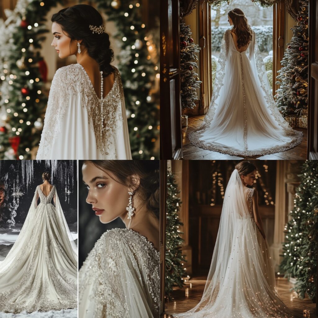 A regal caped bridal gown with delicate beading along the edges, flowing behind for a dramatic entrance, ideal for a sophisticated Christmas wedding.