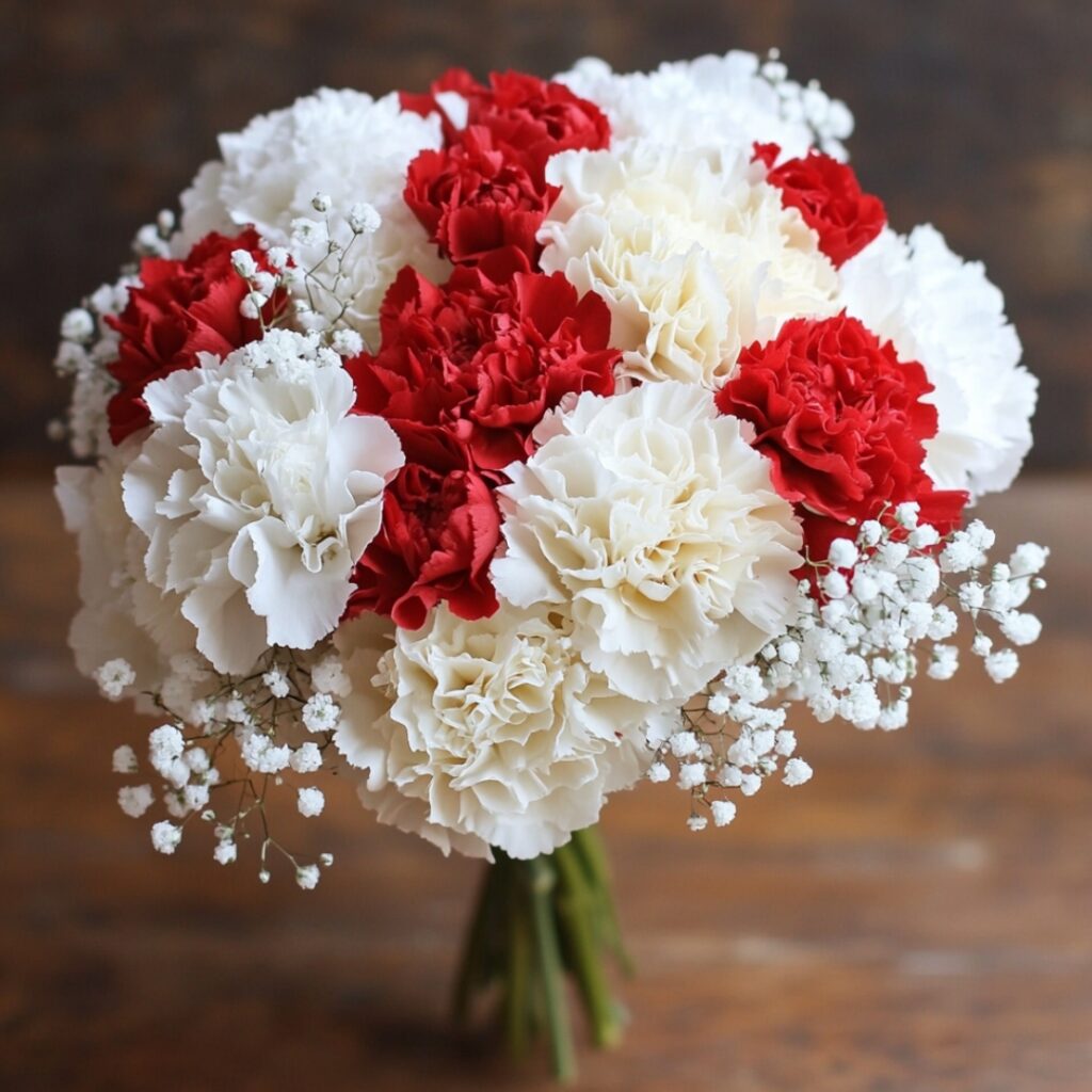 A soft, romantic December wedding bouquet featuring white or red carnations and delicate baby’s breath for a simple yet elegant look.