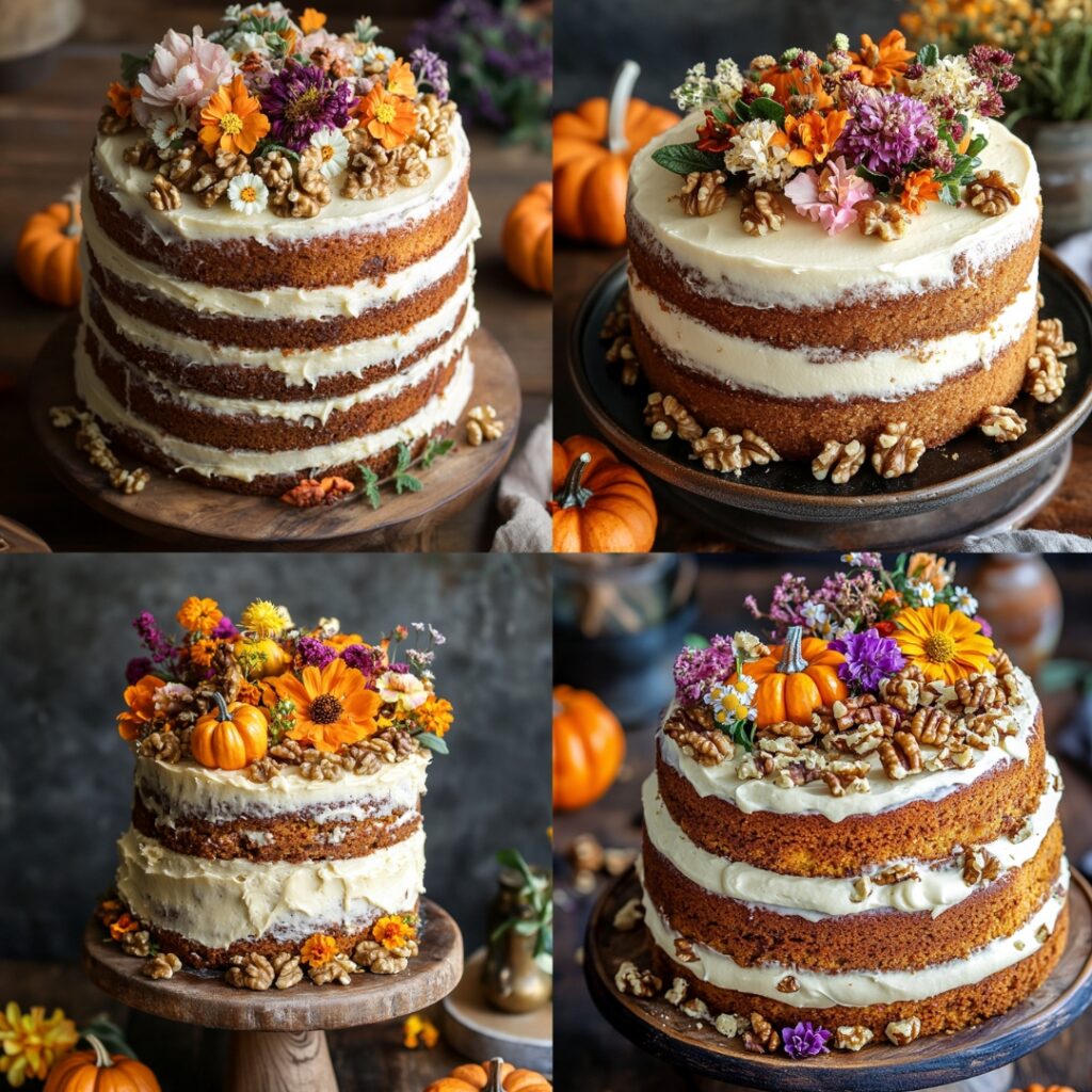 A rustic carrot cake featuring moist layers, crunchy walnuts, and cream cheese frosting, garnished with edible flowers and pumpkin decorations.