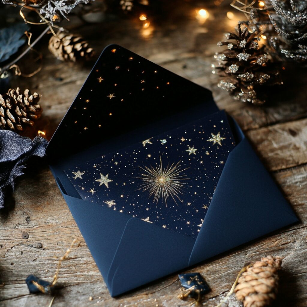 Romantic New Year's wedding invitation with a celestial theme, navy or black background, twinkling stars, and silver or gold accents for a magical, timeless aesthetic.