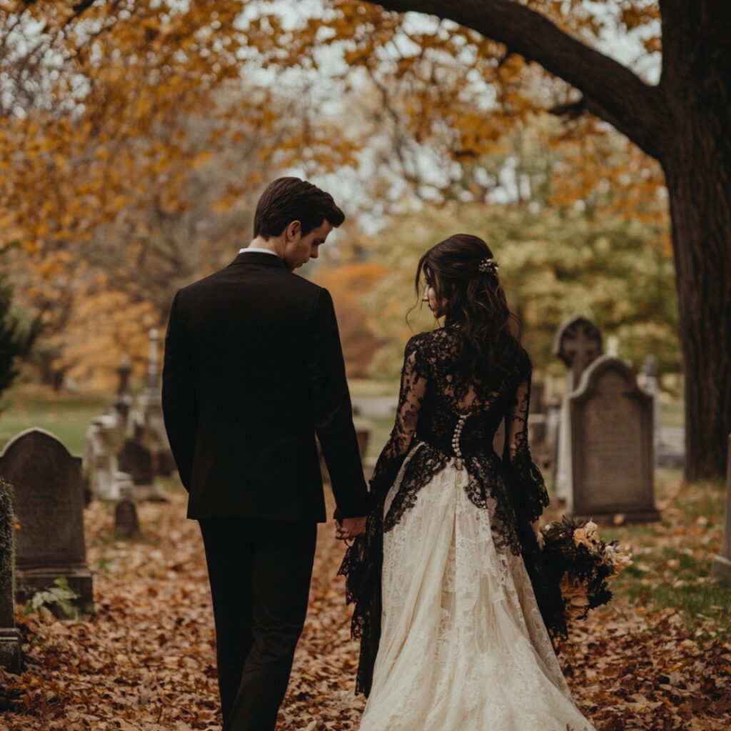 A picturesque cemetery surrounded by ancient trees and elegant headstones, offering a serene and unique atmosphere for an unconventional Halloween wedding.