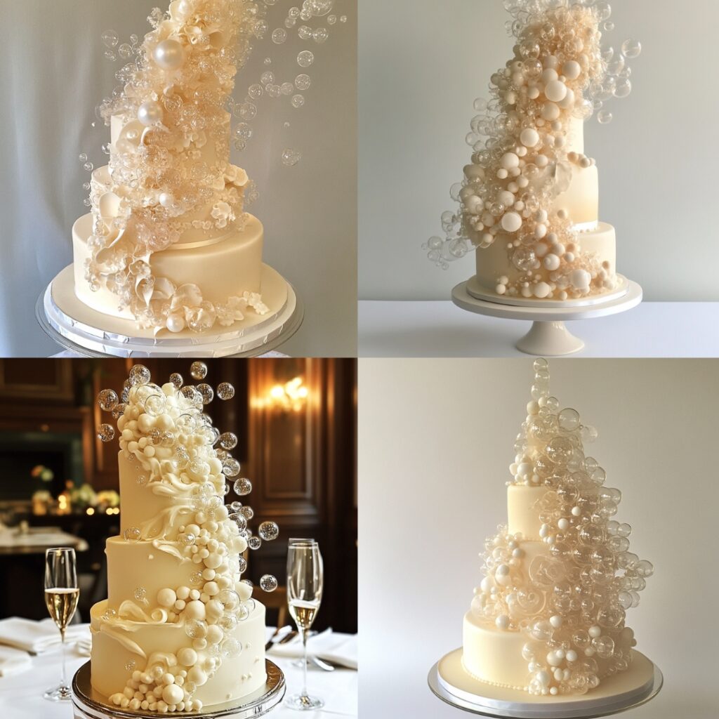 Whimsical champagne bubble cascade wedding cake with translucent sugar bubbles and champagne-infused buttercream, ideal for a New Year’s celebration.