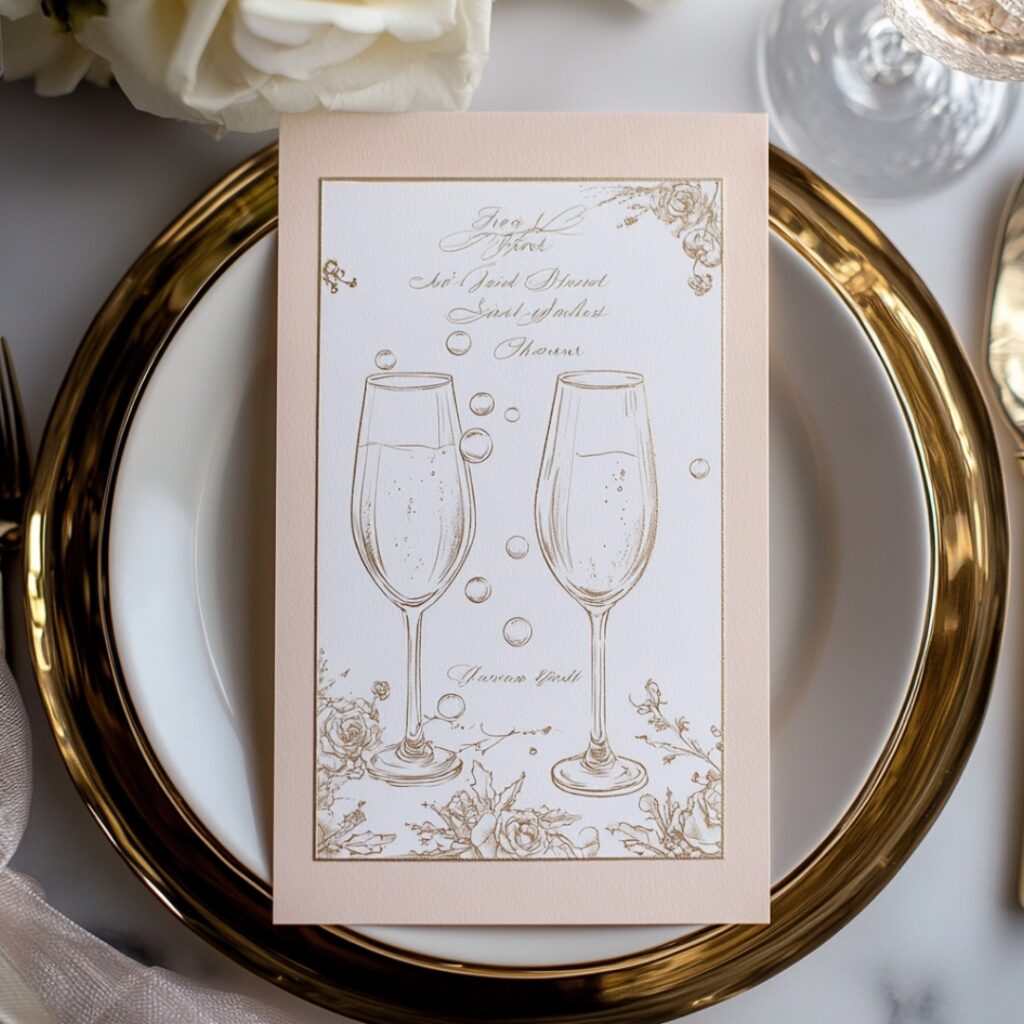 Chic New Year's wedding invitation design with illustrations of champagne glasses or bubbles, in blush, gold, or metallic silver, inviting guests to toast love and celebration.