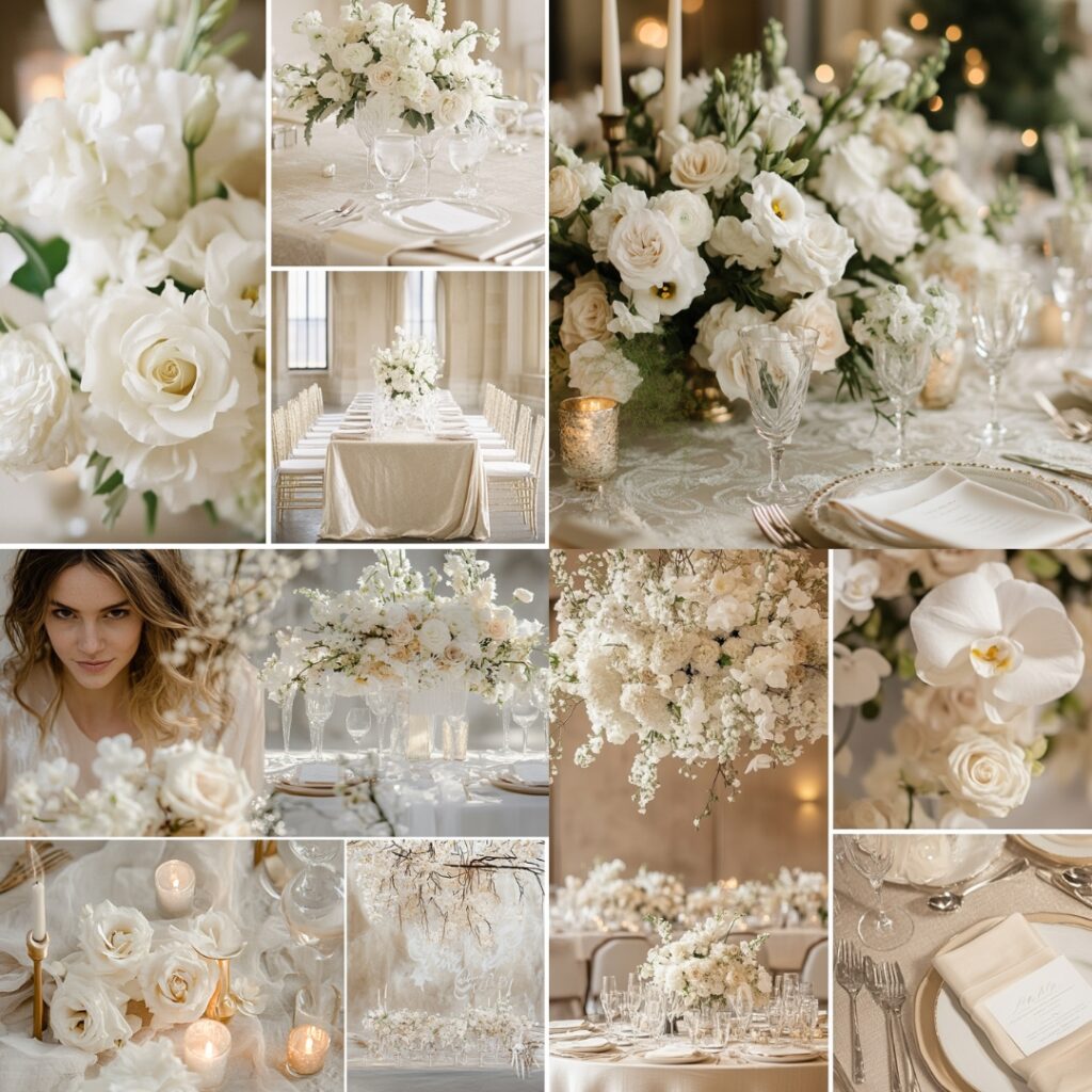 Soft champagne and white wedding decor featuring muted table linens, crisp white florals, and champagne accents, creating a serene and romantic atmosphere for winter weddings.