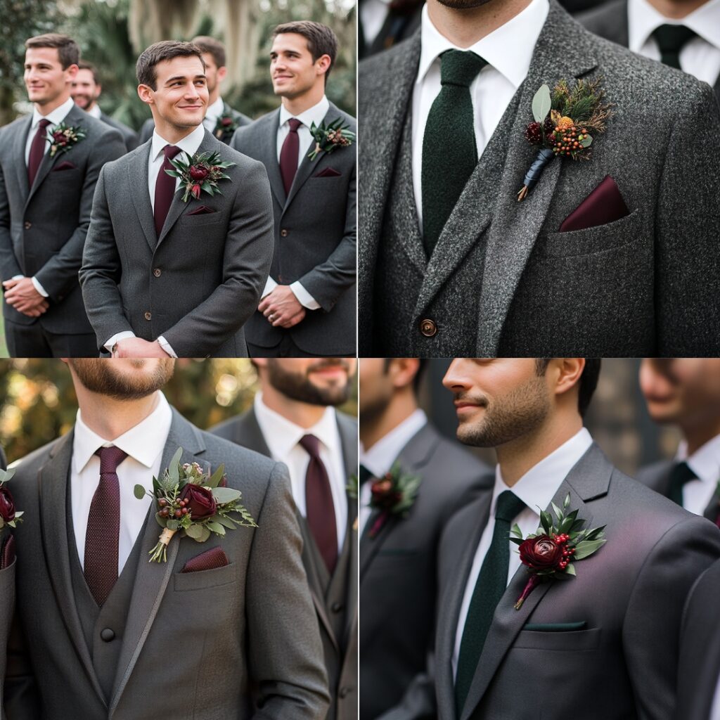 Groomsmen dressed in sleek charcoal grey suits paired with wool ties in dark green and burgundy tones, adding a seasonal touch to a formal December wedding.