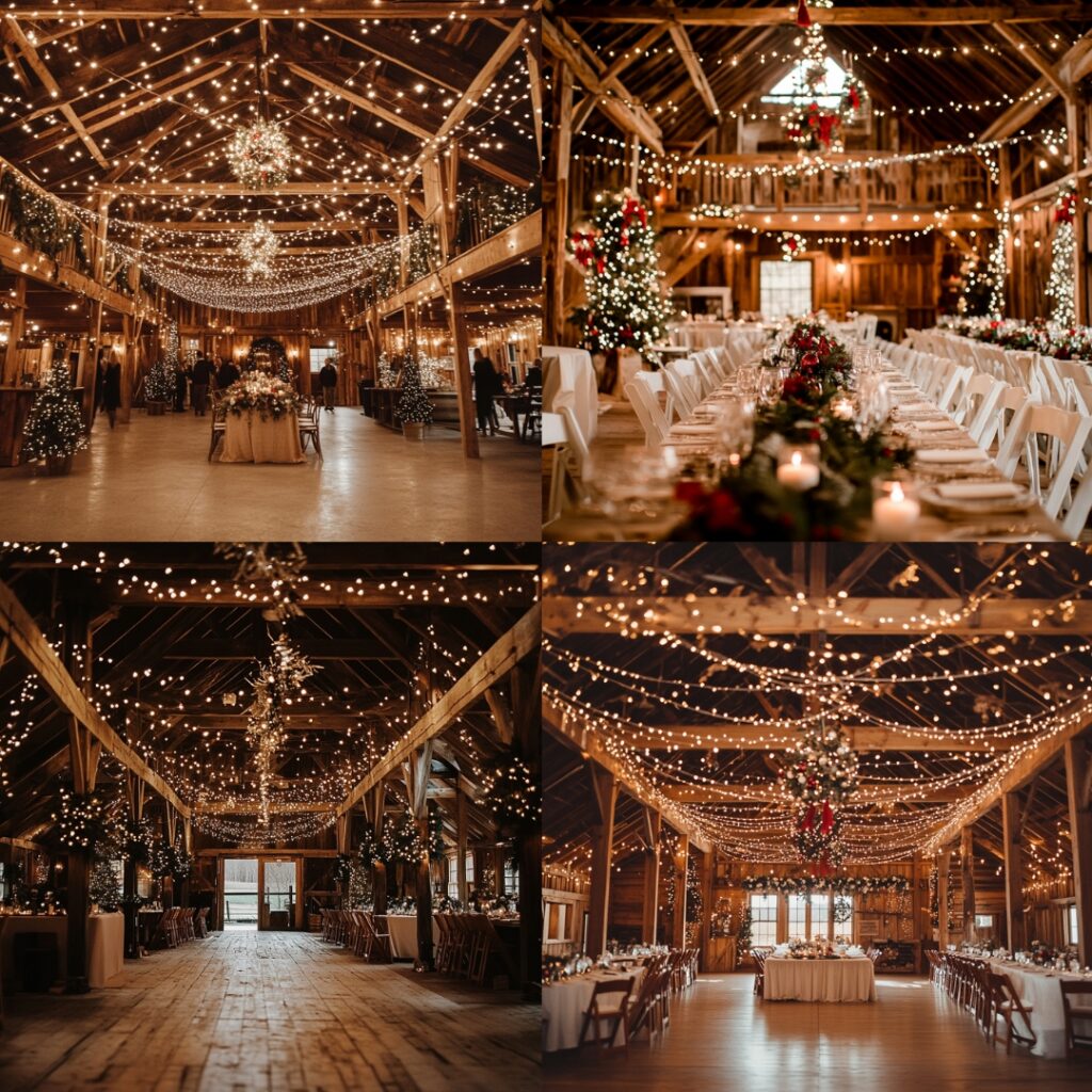 A rustic barn venue with festive charm, featuring wooden beams, string lights, and cozy winter accents, ideal for a warm and inviting Christmas wedding.