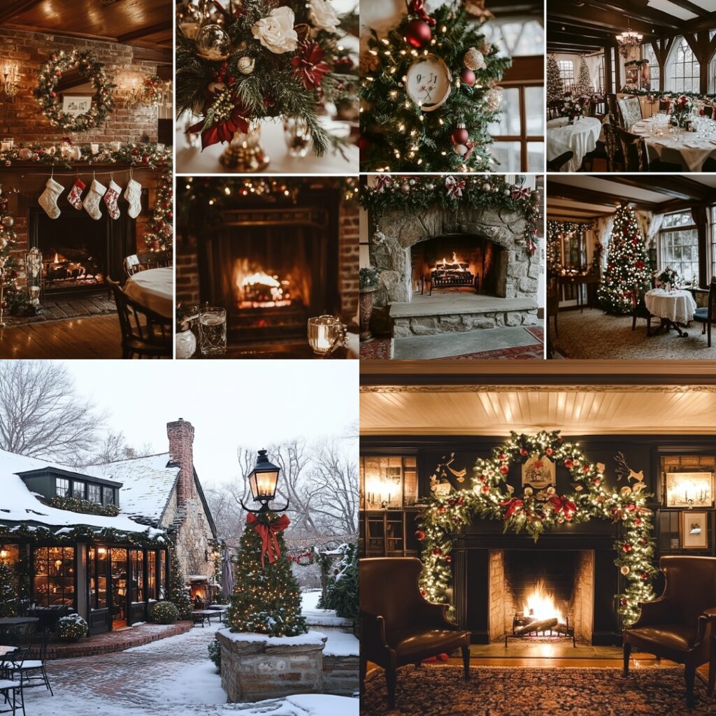 A charming inn with holiday decorations and a cozy fireplace, providing a warm and intimate setting for a December wedding.