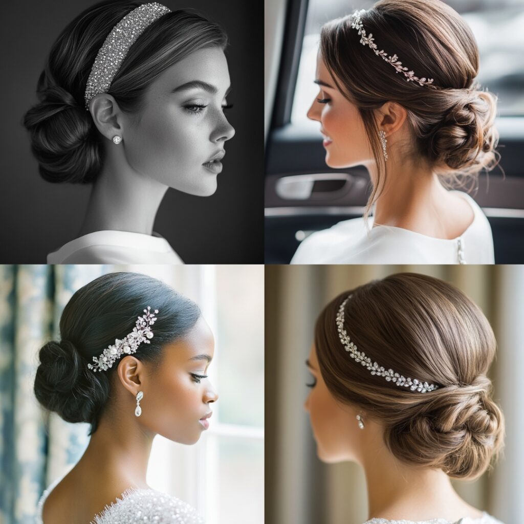 Bride wearing a chic chignon paired with a metallic headband, exuding timeless elegance and a hint of sparkle, perfect for a formal New Year's wedding.