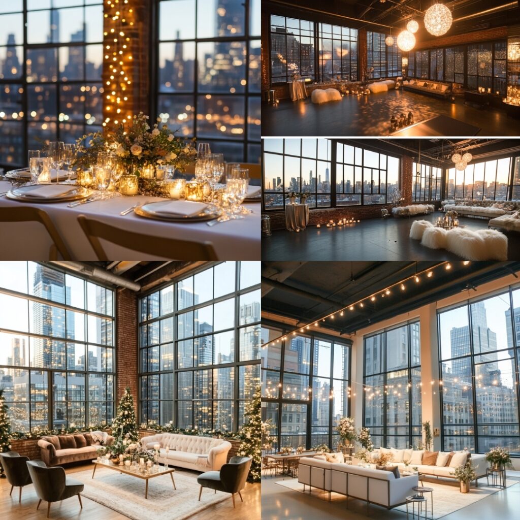 A chic city loft with large windows overlooking a twinkling skyline, featuring modern winter wedding décor and sleek urban vibes.