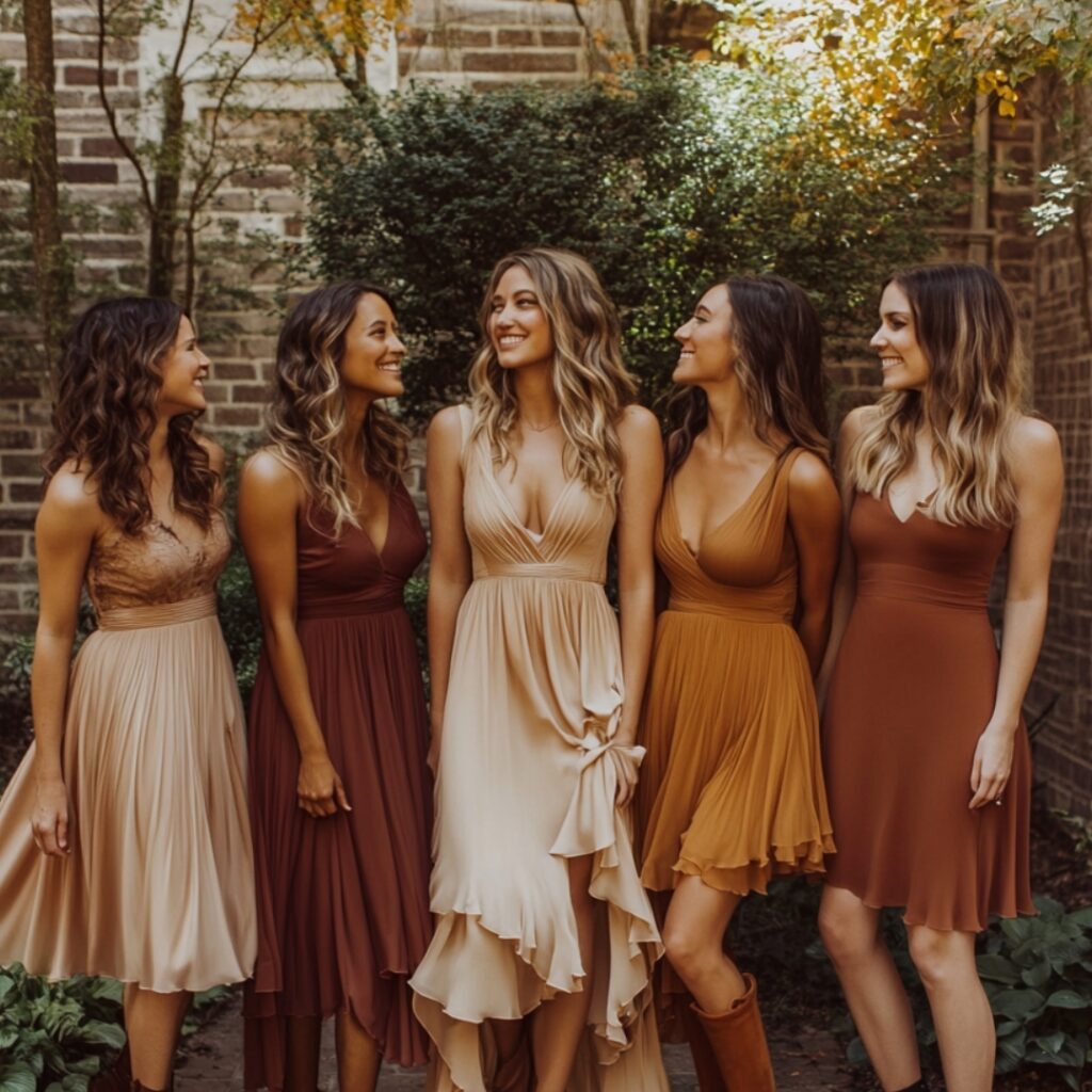 A stylish lineup of bridesmaids in chic midi-length dresses featuring fitted bodices and flowy skirts, in warm colors and paired with ankle boots for an October wedding.