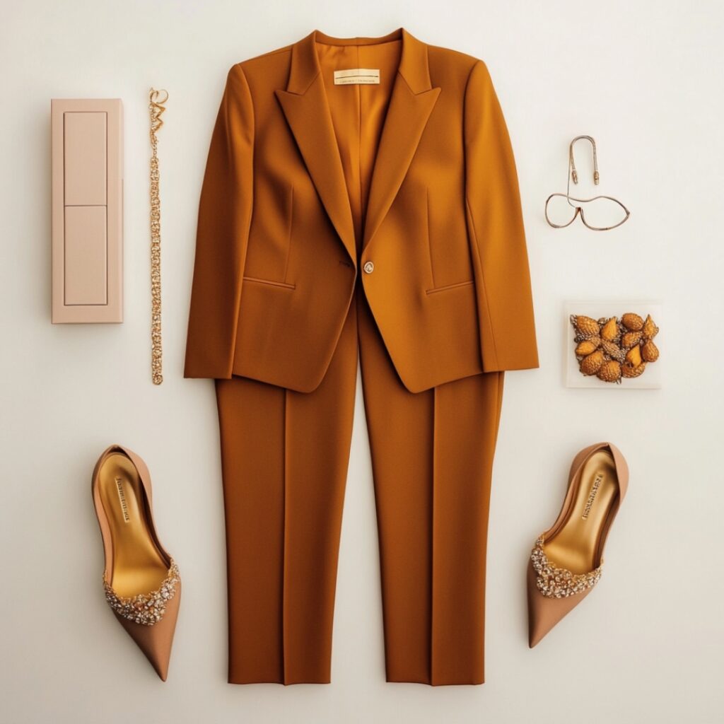 A chic pantsuit featuring tailored trousers and a fitted blazer in warm colors, complemented with pointed-toe pumps and minimalistic jewelry for a Thanksgiving wedding.